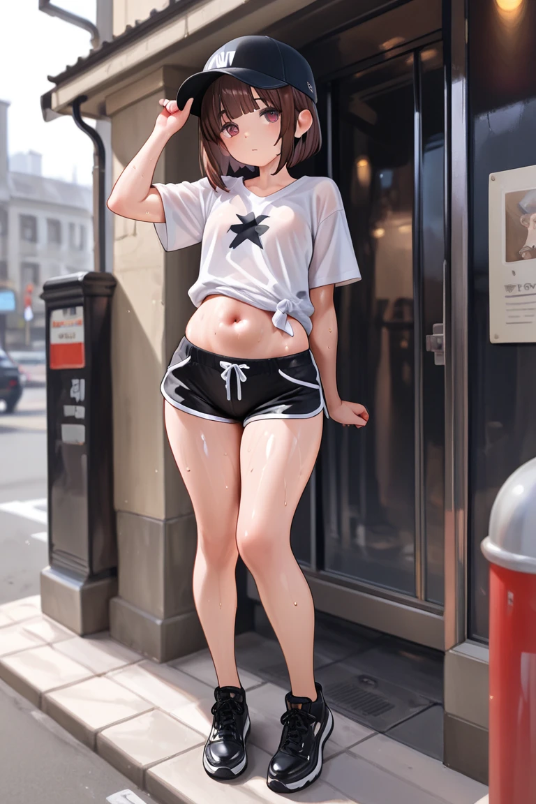 ((highest quality)), (masterpiece: 1.2), very detailed,(perfect and beautiful posture:1.2),(fullbody shot:1.3,Solo,mature man),(short cut hair,flat chest:1.2), ((confused,embarrassed and blush:1.3)), shyness:1.1, (Sweaty, sunburned skin:1.53), (sexy Sports bra, short Pleated miniskirt:1),(erect nipples:0.4),navel out,(fake smile:1.5), (standing Straight:1.5), sexually,earrings,necklace,pink lips,black long socks,wide hips, steaming body, show teeth,midriff,At midnight,outside, park,black long socks,skneakers,black bob hair,blunt bangs,thick red lips,drooling,excessive cum,skinny,outdoor,navel out,(tight thigts),heavy breathing,white and blue Track uniform,looking at viewer,mouth open a little,(chubby),tears,slit,((in the crowded))