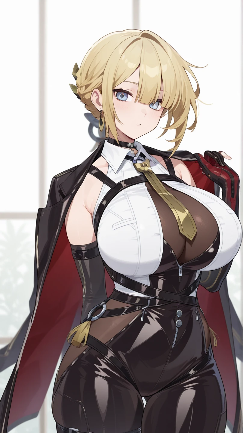((masterpiece, best quality, ultra-detailed, 8k:1.3)), 1girl, drill hair, blonde hair, hair accessories, red eyes, thick red lips, ((long white shirt, black long skirt, black vest, black tie, black cloak:1.3)), ((adult woman, mature woman, older woman, milf:1.3)), ((perfect body proportions, beautiful body, aesthetic body, perfect anatomy:1.3)), (closed clothing:1.2), long black gloves, office, mole under eye, seductive smile, ((huge breasts:1.3))