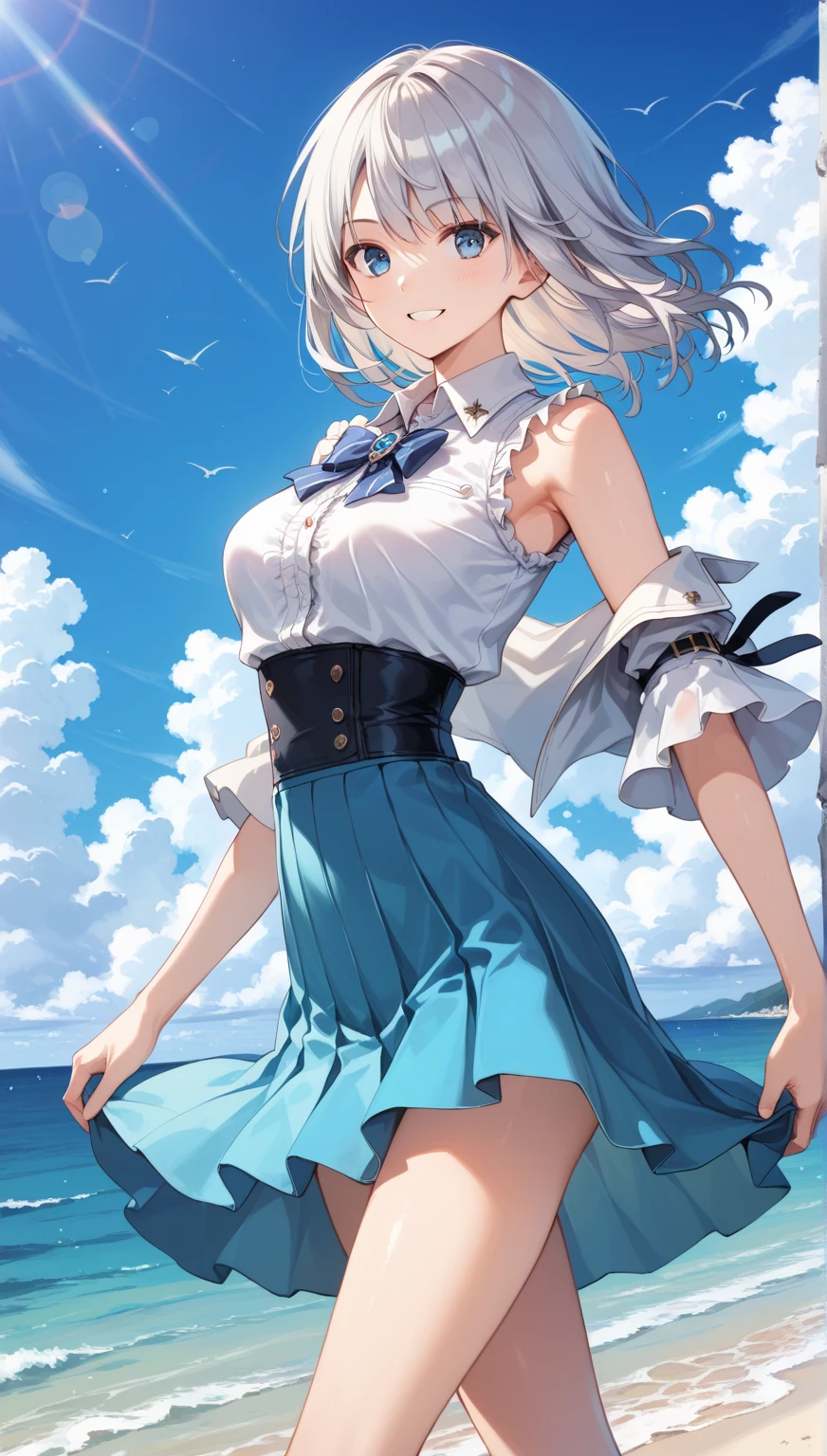 Masterpiece、最high quality、high quality、High definition、High resolution、High detail、Lens flare、Ray tracing method、high qualityの質感、high qualityの影、Beautiful details、Detailed and delicate、Detailed texture、Realistic facial expression、Realistic and colorful、Delicate、Cinematic Light、Side light、Sharp Focus、(1 woman:1.3)、(Intricate details、Makeup、Pure Eros Face_v1:0.5)、(Details Beautiful delicate face、Detailed beautiful delicate eyes、Perfect Facial Proportions、Detailed skin、Charm)、fancy hairstyles、Beautiful bangs、(Two-tone gradient hair color)、slender、(Upturned beautiful breasts)、Raise your arm and make a peace sign、Detailed crotch、Female juice、(Experiencing the best orgasm)、Light-colored V-cut、Light-colored thong、Thigh mini skirt、Low-rise mini skirt、Front-button short-sleeve shirt、Crop top、Low-angle composition、The wind blows and sways