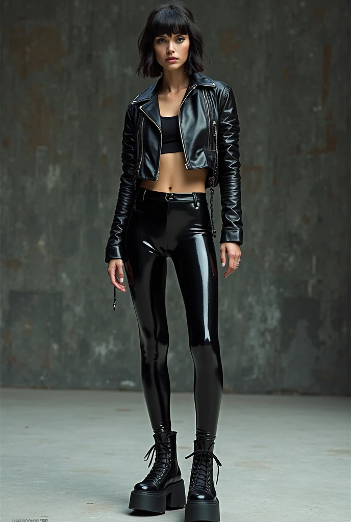 realistic, 20 years old, Marylin Monroe, sneakers, shiny black leggings(low waist), skintight, leather jacket, solo, full body portrait, hot pose, hot face