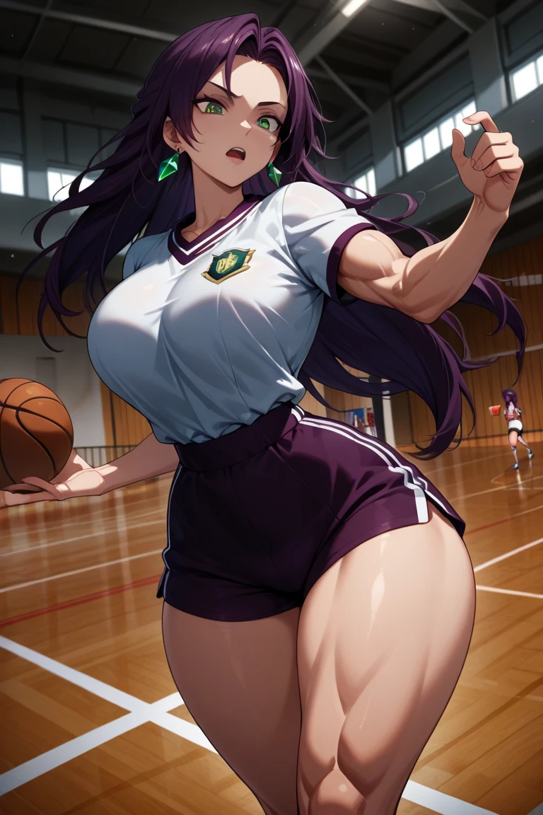 Masterpiece, adult content, cuerpo perfecto, 20 years, perfect face,  Long dark purple hair, expressive bright green eyes, sexy look, wide hips, narrow waist,   thighs, dynamic pose, emerald earrings, school sports uniform, short top, short shorts blouse, basketball court, slightly muscular