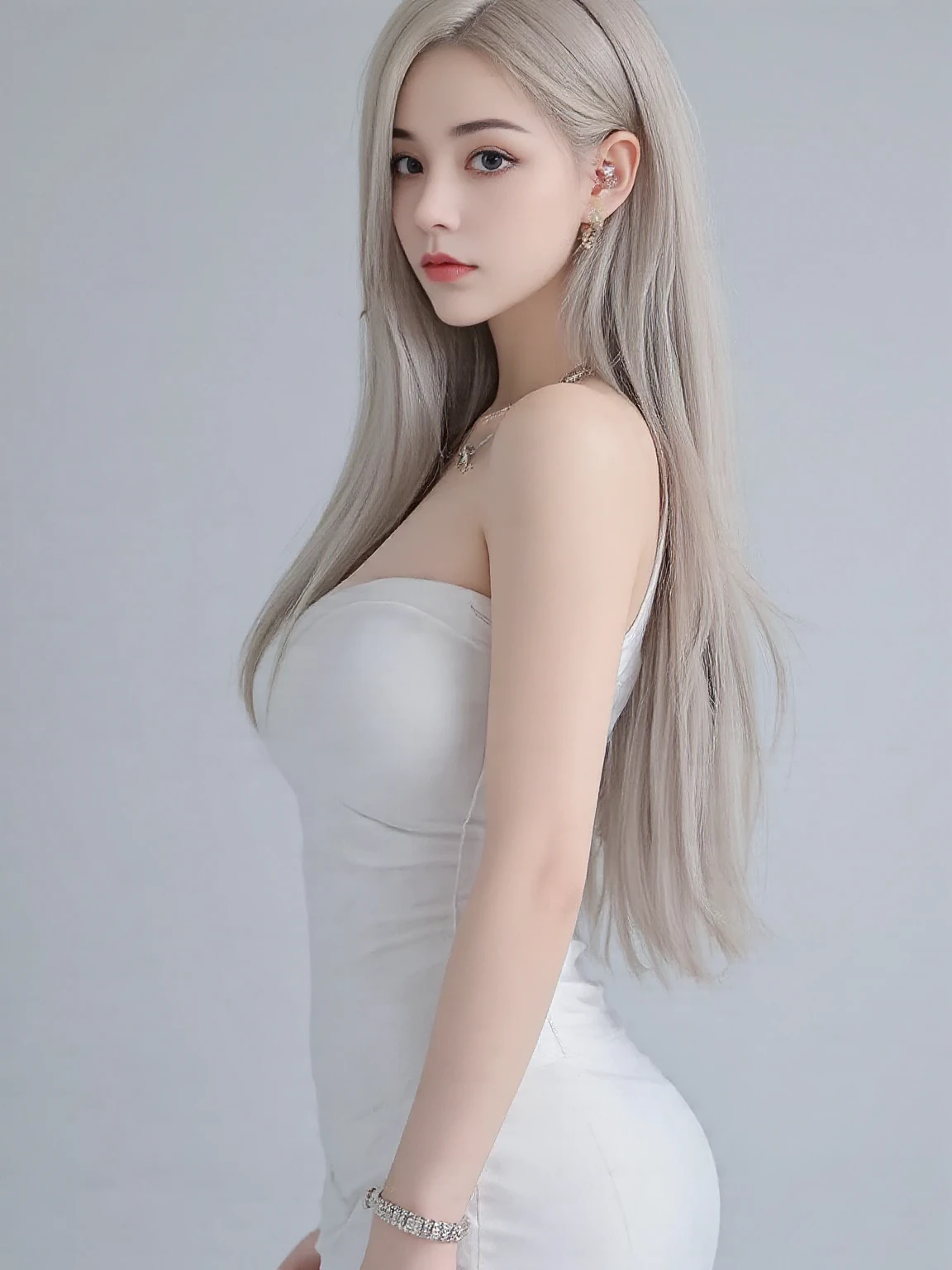 A girl with long, wavy white hair, with chinese blue eyes, with a tight black dress that shows her thighs and bare shoulders and arms