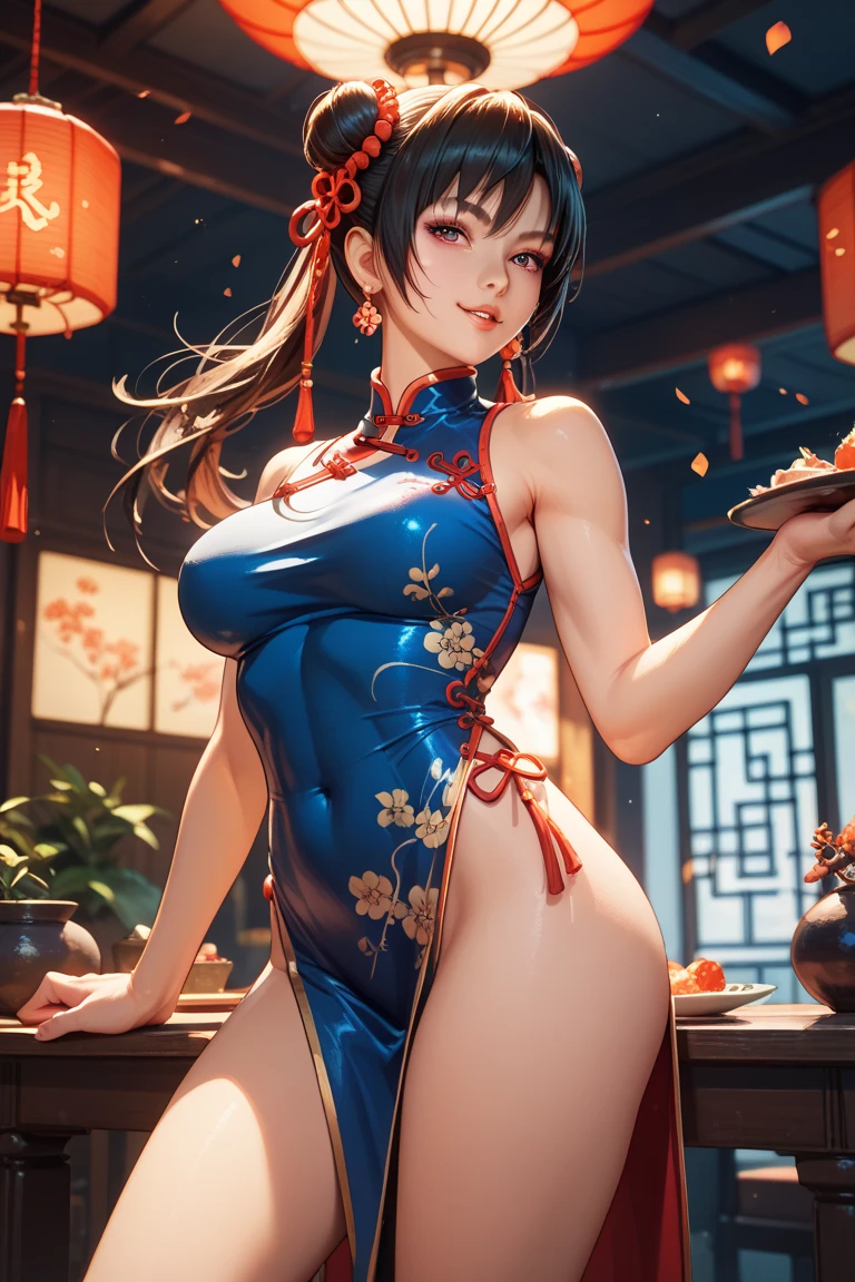 masterpiece,1girl,solo,black hair,underboob, hat,light_smile,ofuda,china dress, crossed arms,
