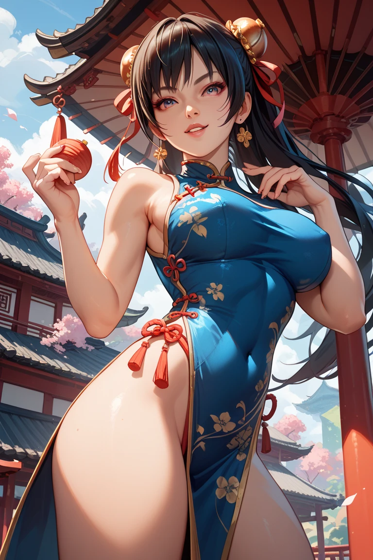 (Pink Chinese dress:1.5),alone, Chun-Li Masterpiece, Highest quality, No sleeve、Shoulder strap、(Black Panties:1.5)、Cleavage、White loincloth:2、Get angry、30 years old,highkick、Fight、punch