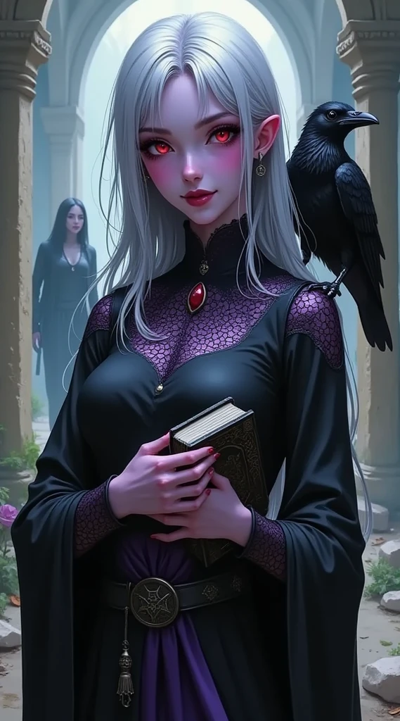 4K, sexy woman, muscular body, lilac hair, cloth suit, holding a book, red eyes, black lipstick, serious expression.