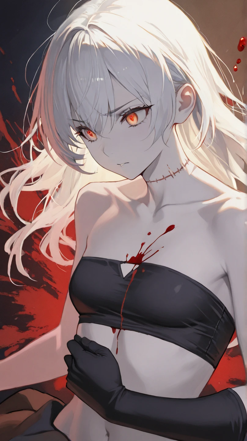 Best Quality, (Masterpiece:1.2), High Detailed, Cat Ears, 1girl, solo, tojo koneko, looking at the viewer, closed mouth, light smile, red eyes, white hair, short hair, hair decoration, cleavage, black neckband, erotica, sleeveless, (close-up), bare legs, (((bloody, scared, blood))), healthy skin, ((bra)), ((punished, punishment, pain)), (prison cell)