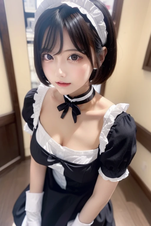 girl, White skin, ((Dark brown short tiered hair)), V cut with layers and bangs, Brown eyes, Soft atmosphere characteristics (Highest quality, Ultra-high resolution, 8K, RAW Photos, Ultra-high resolution: 1.2, masterpiece: 1.3), (Realistic, Realistic: 1.37), Very detailed, Professional Lighting, Photon Mapping, Radio City, 物理ベースレンダring, One Girl, （18 year old high school girl）, Sharp focus:1.2、Beautiful woman:1.2,cute, Nice, Adorable, smile, Normal chest, Cross Necklace、Earrings、ring,(Cleavage)、Gothic Lolita Fashion, (((ピンクと黒のGothic Lolita Fashion, ))),Lolita Fashion,(Belly button)、((Dark brown short hair))、((Gothic Lolita Bikini)),Beach House、((Gothic Lolita Fashion、Pink, black and white gothic lolita outfit:1.2,pink lace bra)),Selfie