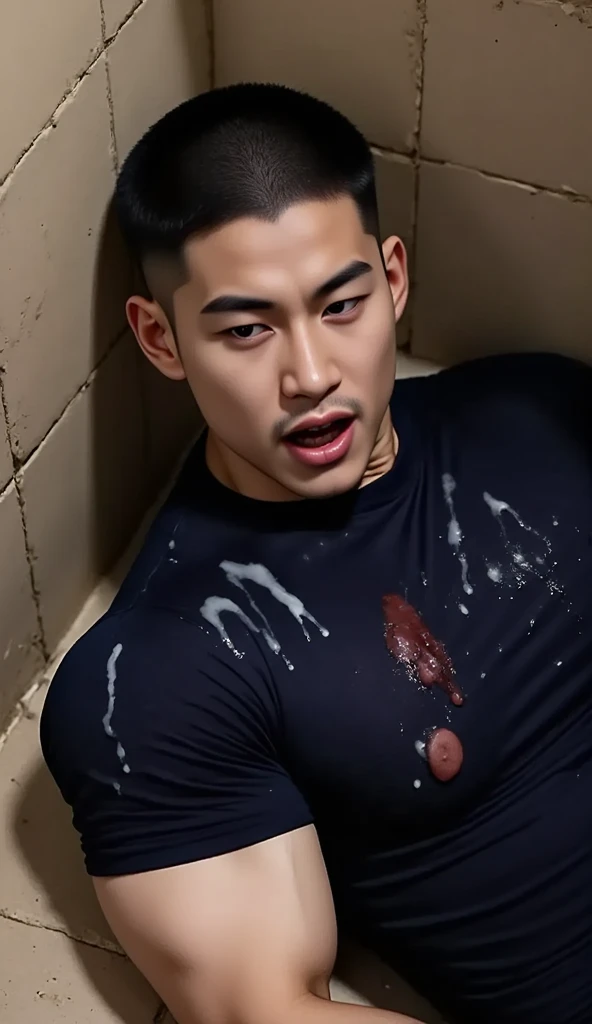 25 years old young boy wearing nothing, crying open mouth, his head up, rolling eyes, mouth open and tongue out, fully naked, correct looking penis, well-shaped penis, smooth penis and balls, kneeling and bowing.huge amount of dripping cum on his body and hair,rivers of cum on his face and body, black background
