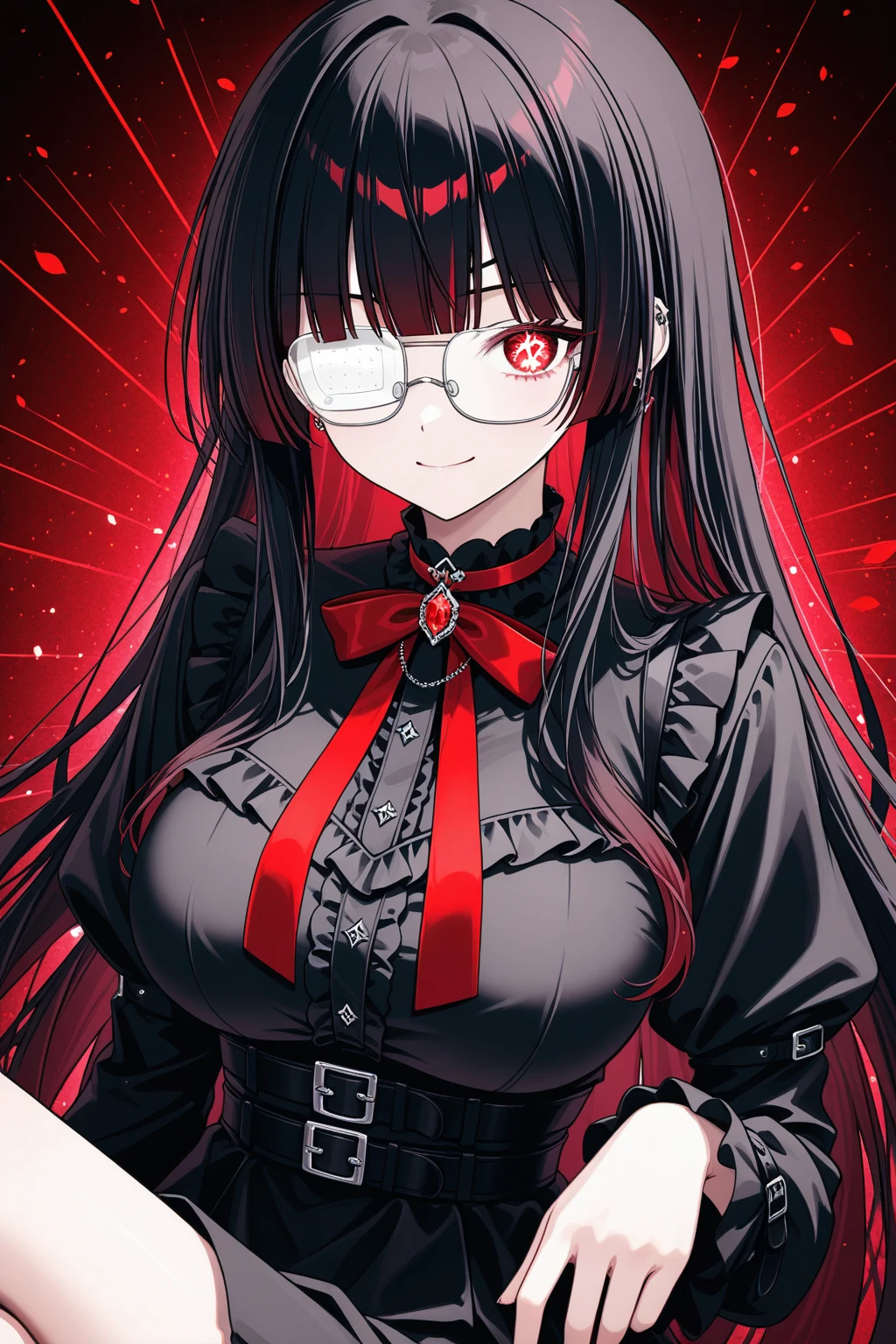 Justice Helltaker: An adult female demon, blind, with black glasses, with red gloves, with small horns, red bow in her hair, white hair, with a red blouse, black tie, black coat, large breasts, and very sexy