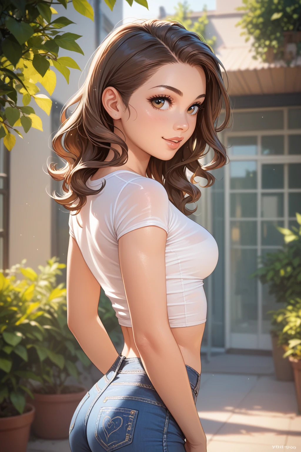 (Best quality,Ultra detailed,Photorealistic:1.37),bright and rich colors,studio lighting,playful facial expression,stylish makeup, denim shorts,hair fluttering in the wind,inviting eyes,glossy lips,sexy pose, I smile confidently and seductively,posing for a professional photo shoot,shallow depth of field,highlighting the main subject,soft natural light,Creating a dreamy and magical atmosphere.