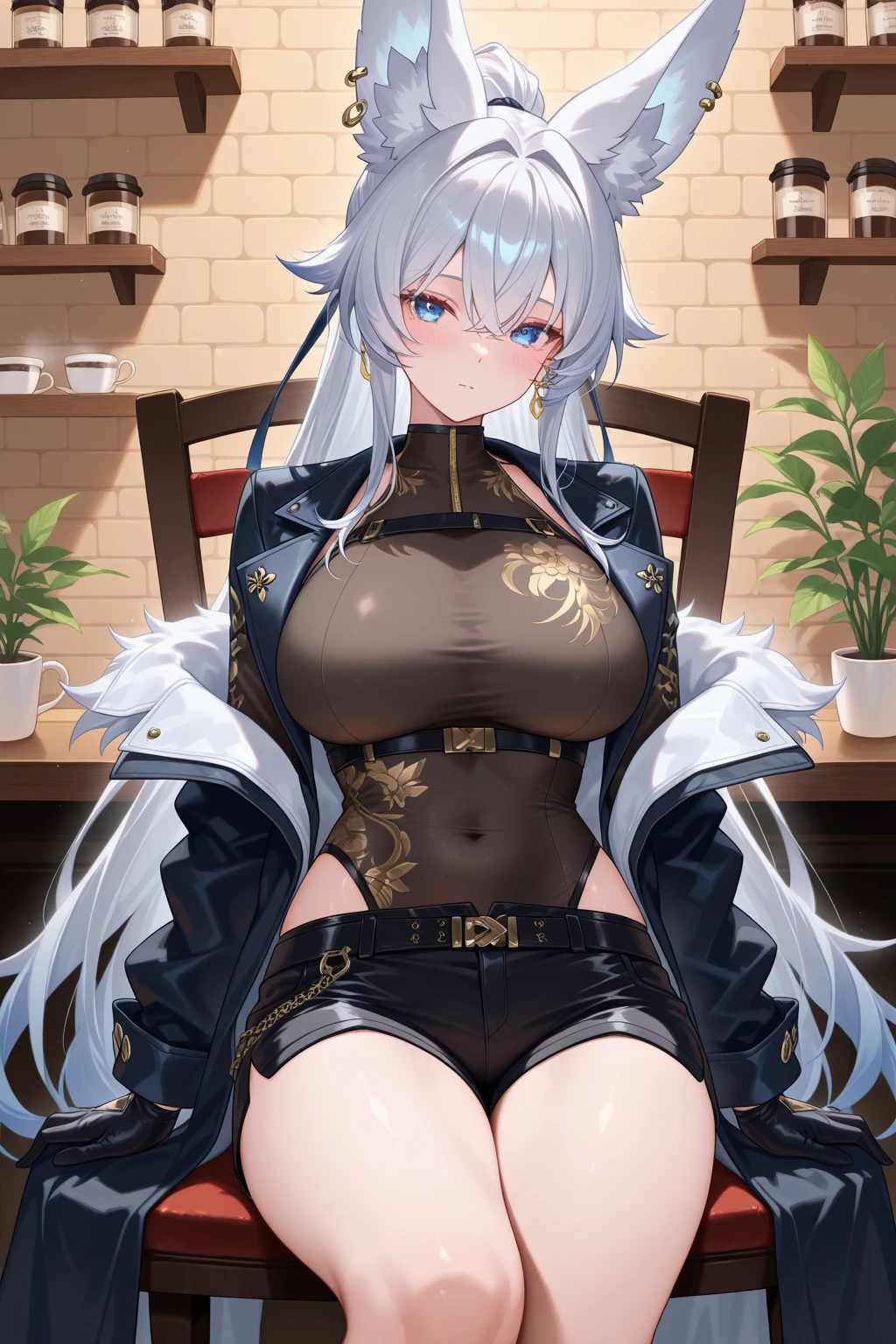 masterpiece,official art,extremely detailed cg unity 8k wallpaper,highly detailed,absurdres,8k resolution,1girl, solo, long hair, breasts, looking at viewer, blush, bangs, large breasts, simple background, hair ornament, thighhighs, white background, ribbon, cleavage, twintails, jewelry, medium breasts, sitting, very long hair, closed mouth, hair ribbon, white hair, grey hair, earrings, mole, white thighhighs, grey eyes, mole under eye, mole on breast,smile,sweating, deep in thought