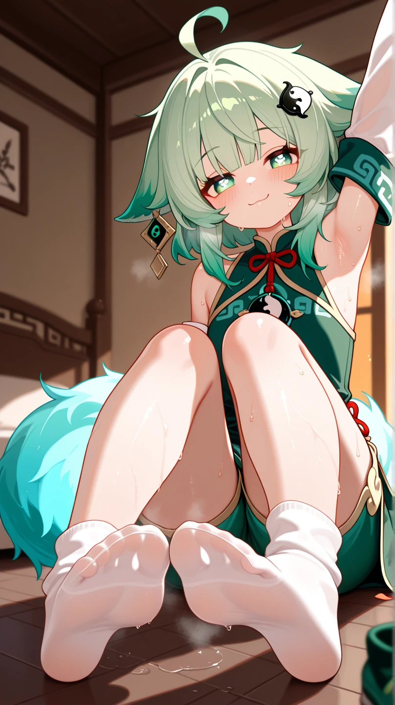(masutepiece:1.1), (high resolusion:1.2), (Illustration:1.05), (ultra detailed 8k art:1.05), (finely detailed beautiful eye), Perfect face, Bright pupils, Lustrous skin, hayami_Sena ,Green eyes, , Sinon, Black_Belt bag, Green_Capelet, Green_Jacket, white_Shorts,, Long sleeves, fullllbody, blushed, Looking at Viewer, sole, Barefoot soles、poneyTail、Smelly、5 toes、Sole Focus、Open your toes、Bare legged、bare-legged、Brown hair、Sena Hayami、Stuffiness on the soles of the feet、Sweaty feet,  Close-up of the soles of the feet，Exposing the soles of the feet