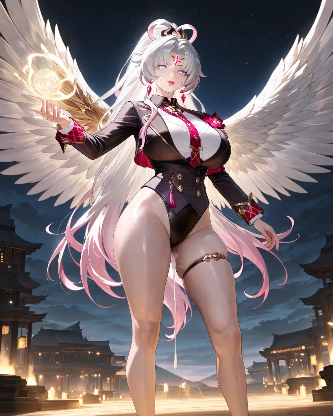 fantasy, 1devil_girl, low_teen, platina_blond_hair,long_bangs, bare_shoulder, navel out, thighhighs,silver_armor, red_clothes,waist_armor, Glebe, hold_swords, large_tits, dynamic_floating_pose,Floating,(pelvic_curtain:1.3), silver_Headgear ,looking_down_at_sunrise_city_sky_background,,slightly_spread_legs,solo,horn ,smile,,open_legs,open_arms,rise_knee,rise_leg,rise_thigh,rise_leg,apart_legs,fang,Shiny_gold_eyes,crotch