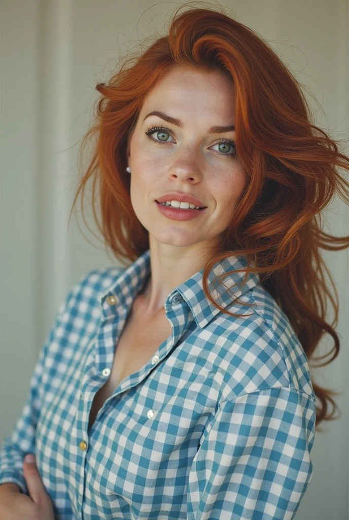 A spontaneous snapshot of a beautiful woman with red hair, bright blue eyes and a gentle smile. Ihre Haare sind zerzaust. Your hands are free (detailed hands). Im Vordergrund sitzt eine Frau auf einem Stuhl auf einem Balkon. Strukturierte Haut, Rundungen, perfekte Figur, medium sized breasts. She is wearing pajamas. Im Hintergrund sieht man ein Balkon, dass mit Blumen dekoriert ist. Fotorealistisch, schnelle Belichtungszeit, mittlere Blende, mittlere Brennweite.
