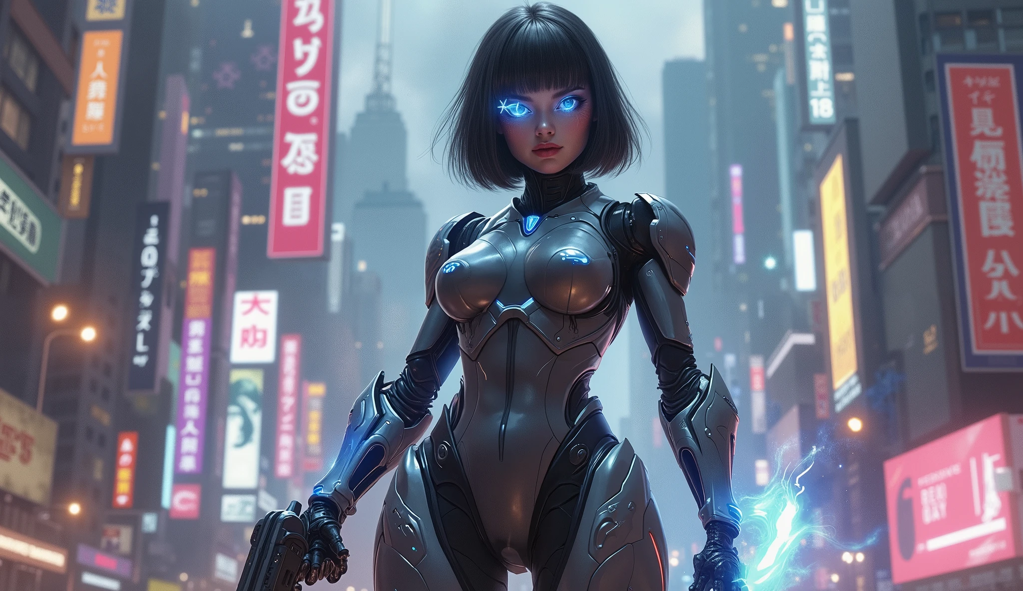 ((Full body):2), (({1/woman – cyborg}):2). Only {1/woman, cyborg}:((she has a semi human half machine half human body, is wearing an extremely tight futuristic black suit on her body):1.3). Only {1/woman, cyborg}:((has extremely large breasts):1.3). Only {1/woman – cyborg}:((has very short blue hair, dark green eyes):1.3). Just {1/woman – cyborg}:((striking sexy poses holding a futuristic sniper rifle standing):1.3). In a futuristic city, it is night raining very hard, the city is with ((several robots running):1.5) behind Only {1/cyborg woman}. anime, anime style, 16k, high resolution, ((best quality, high details:1.5)), UHD, ((masterpiece)), cartoon, real, Fantexi