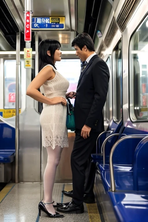 japanese woman、Super big breasts、super big butt、plump legs、layered bob、silk blouse、pencil skirt、old man and woman、woman kisses grandfather、In town
