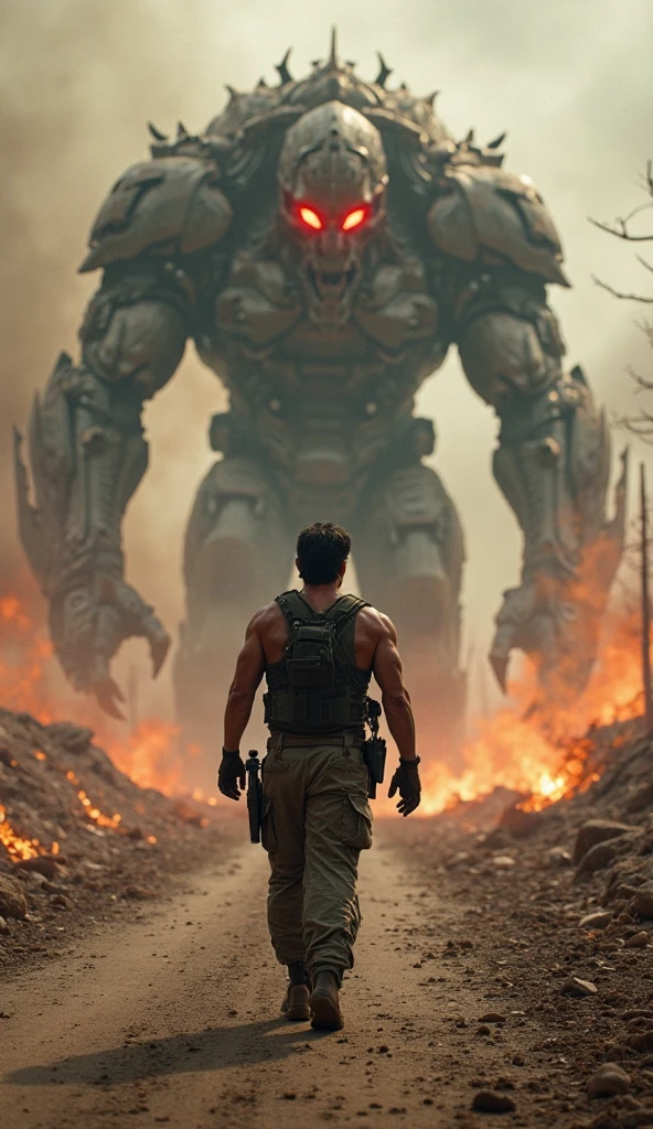 Create a stunning, hyper-realistic scene set in a desert of destruction, with dusty ruins of buildings in the background. Em primeiro plano, a wounded and desperate human is covered in blood, holding an improvised weapon, as he looks back with terror and courage. The asphalt around you is cracked and stained with blood.. Behind him, giant and scary robots, with damaged metal parts and glowing red eyes, advance threateningly. One of the robots, partially buried non asphalt, is severely destroyed, but still emits an intense red light that illuminates the scene with an eerie glow. The atmosphere is one of total chaos, highlighting the desperate struggle of humans against relentless robots.