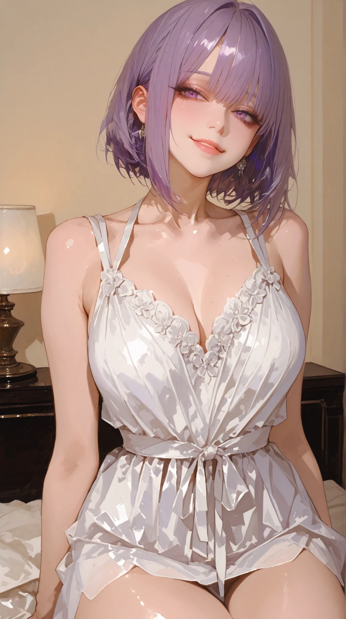 ((((masterpiece, best quality, high resolution)))), (1girl:1.5), ((short silky hair, white hair, purple eyes, sharp eyes, choker)), (medium breasts:1.2), blush, (cheeky smile, parted lips), glow, thighs, bare shoulders, collarbone, narrow waist, (slender body figure), (beautiful detailed face, beautiful detailed eyes), ((silk nightgown, see-through)), (standing up), looking at viewer, nighttime, bedroom, (cowboy shot)