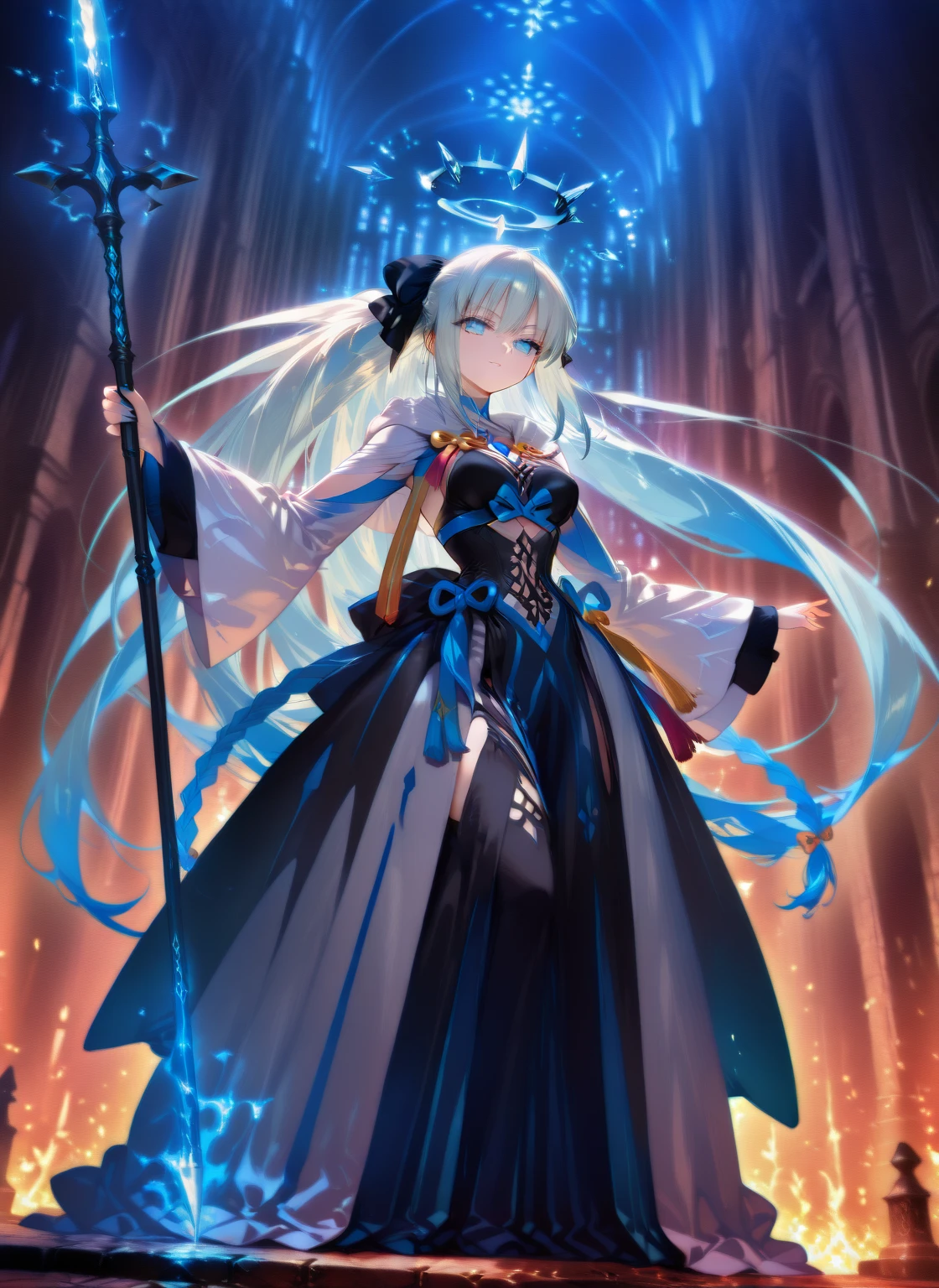 One girl, solo, Long Hair, Bangs between the eyes, , blue eyes, Gray Hair, Dutch Angle, Anime Style, Digital Art, Cute Demon Lord