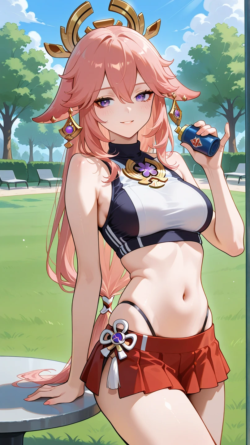 a woman in a pink outfit next to a tree, fuchsia skin, fuchsia skin below the armor, sharp silver armor fuchsia skin, close up tiro de meio corpo, fuchsia skin beneath the armor, parte superior do corpo close up, wearing shiny breastplate, maple story gun girl, bright fuchsia skin, pele fuschia, tinyest midriff ever