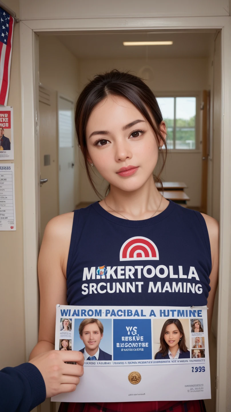 Top quality, 1 beautiful woman, super short Hair,  short sleeve, shy smile, at  school