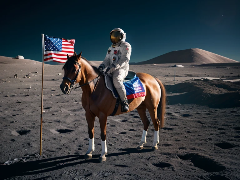 A unicorn in a spacesuit raises an American flag on the moon