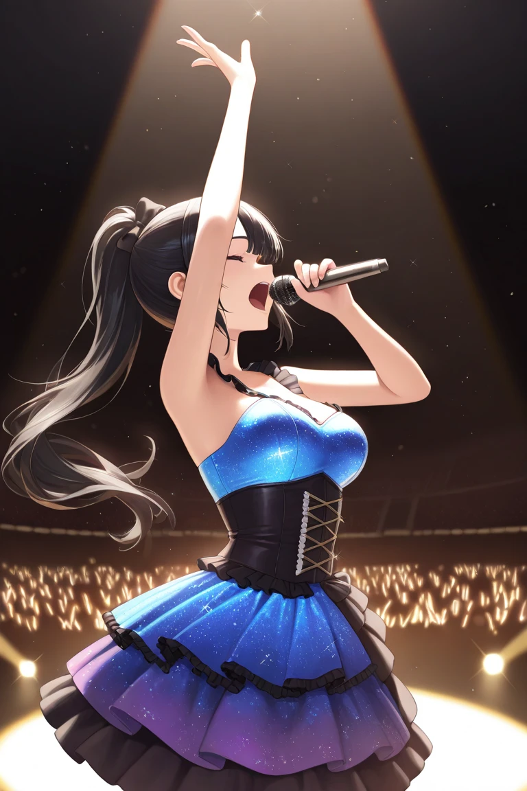 High resolution, high quality, One girl, Anime Girls,((At a live music venue)),stage,confetti,Idol,((sing)),  dark blue hair,ponytail,long hair,blunt bangs, dark blue eyes,heart shaped pupils,[[pale skin]],Glowing Skin, Super big breasts,beautiful breasts, (Big Ass),beautiful ass,Idolコスチューム,mini skirt,Laughter,Low Angle,Groin tattoo,glowing tattoo,