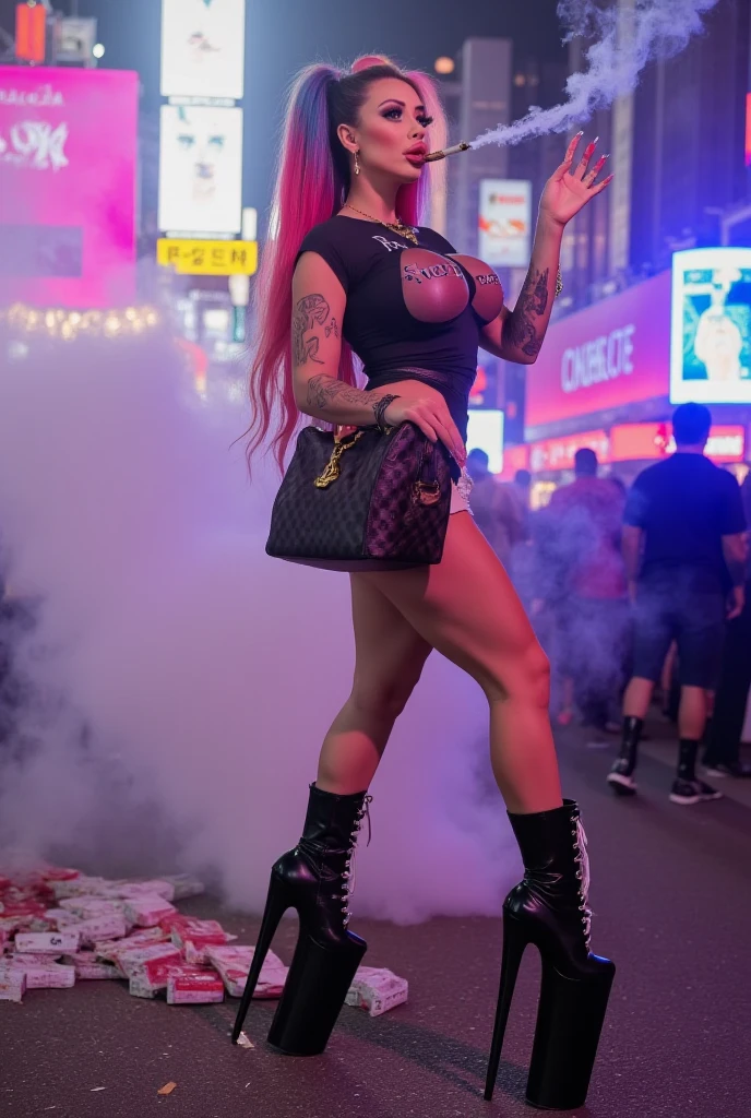 beautiful caucasian woman , skinny, small, (big boobs:1.4), (las vegas),neon, night, striking a pose, walking, (punk:1.3), (glam:1),, (lalin america:1.3),( sophisticated gown),