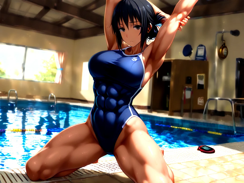 The pool in question、1980s Aerobics Style、sneakers、Detailed picture、girl、25-year-old woman、Dynamic and lively pose、Crotch line、Erect nipples