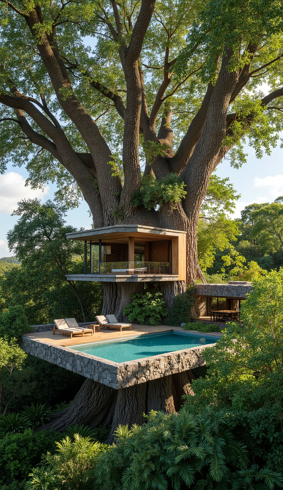 treehouse、A modern mansion built on a huge tree、There is a large pool,