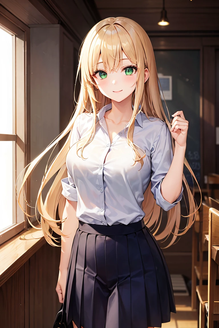 (best quality), (masterpiece), (high resolution), (Intricate details:0.2),(Professional lighting), classroom, Detailed background, Extra large white , Half-length photo, (Previous View), 1 Girl, Solitary, (Pretty Face:1.40), slim, Delicate skin, Smile,Gentle and intellectual,Good shape,White shirt,student,student,Blonde,Long hair (Medium beast:1.10), View in the viewer,