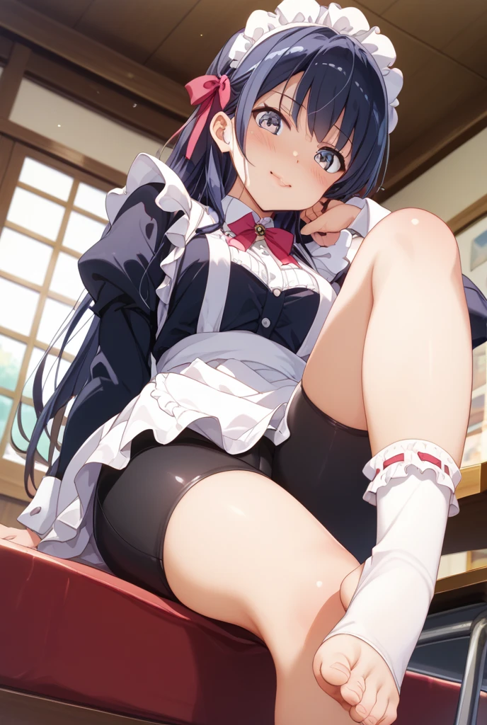 [[anime styled]],[[digitalart]],NSFW,1girl in,Sitting,From below,Looking at Viewer,Tomomi_Xijing, bow ribbon, Short hair ,Winter clothes,Long sleeves,Long skirt,((blue striped Panties)),Perfect Lighting,1girl in,, up skirt,Best Quality,Skirt lift,,Smile,blush,anime screen cap,Flat color,cel shading,(tucking up the skirt),Panties,short torso,Show panties,pantyshot,up skirt,