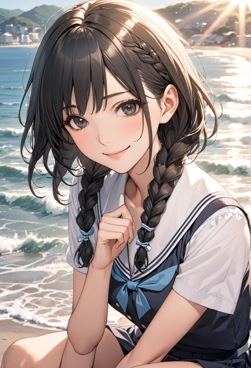 (masterpiece, best quality, perfect face:1.4) looking at viewer, smile, blush, hokko tarumae \(umamusume\), Purple eyes, barefoot, horse taill, (School swimsuit:1.2), cowboy shot, beach, in wave, (wind:1.1), Sun light