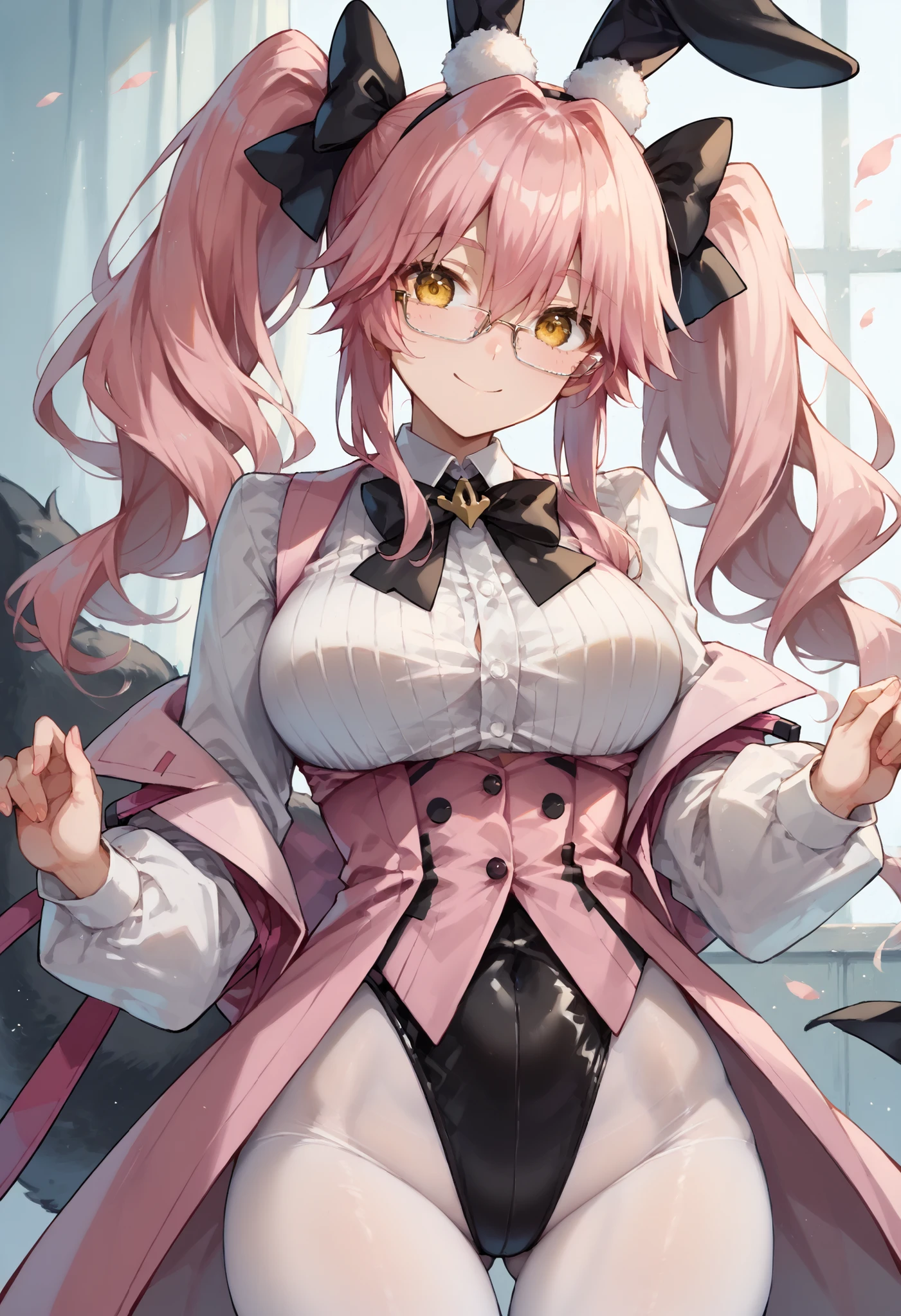 ((masterpiece)), ((best quality)), (ultra-detailed), ((sexy)), (ero), illustration, a cute girl, 1girl, ((beautiful eyes)), ((silk:1.3)), Aru_(Blue_Archive), full body,looking at viewer,breast forcus,front view, smile, triumphant look, smug look, self-satisfied look, blush, ,shiny clothes,shiny-glistening skin, gleaming skin, reflection effect, shiny, latex, pink_hair, yellow_eyes, pink_halo, long_hair, large_breasts, brown_horns, black_skirt, shirt_tucked_in, high-waist_skirt, white_shirt, white_gloves, long_sleeves, fur-trimmed_coat, coat_on_shoulders, neck_ribbon, red_ribbon, collared_shirt, (lying), lying on bed,Bedroom,selfie, open mouth, satoukuuki,