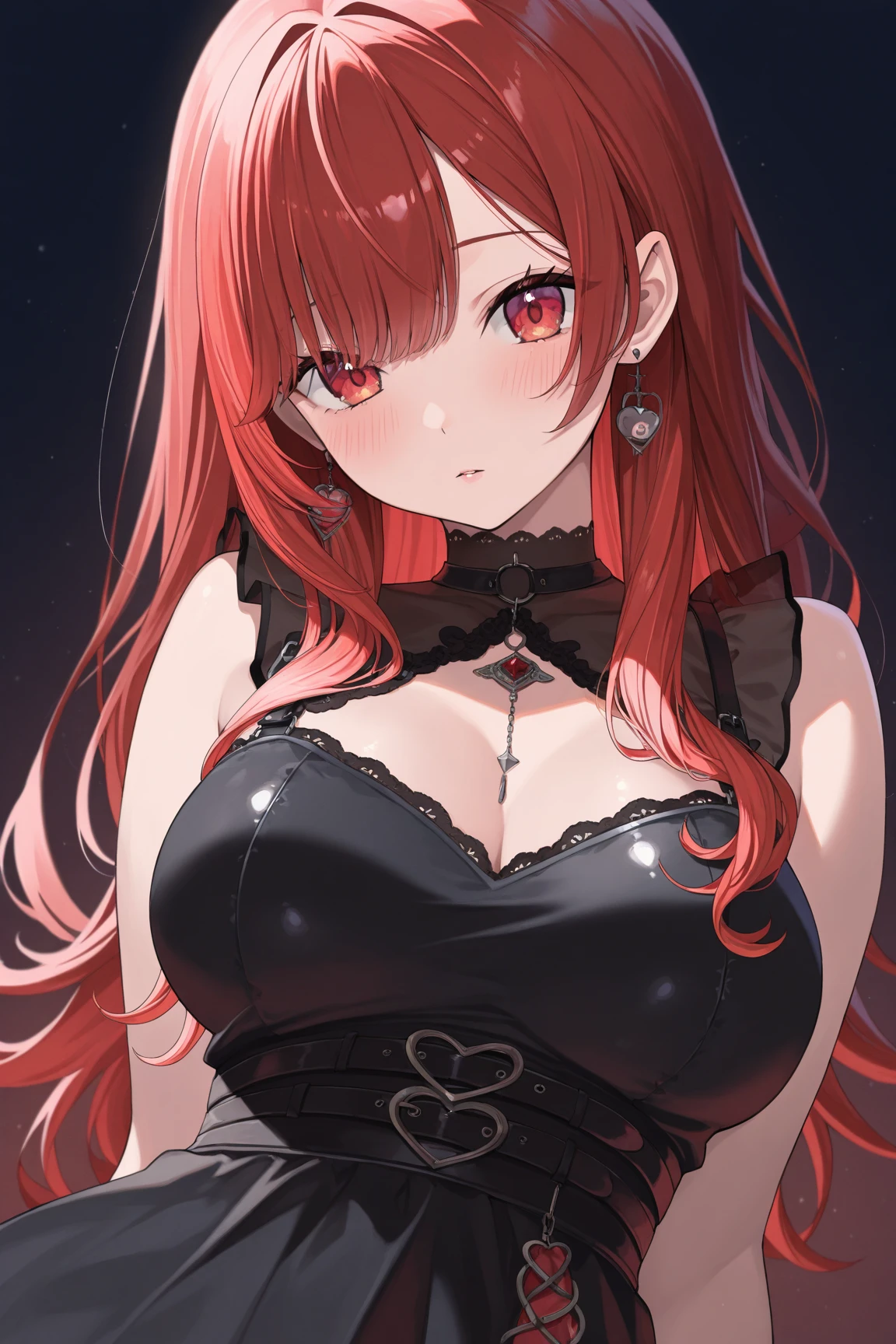portrait shot, ((vivid red hair)), mature woman, 30 years old, diamond face, red starry sky background, depth of field, magic, big red lips, ((light gold eyes)) black and red long and full dress, cleavage chest, mystical atmosphere, ominous shadows, Intense blue aura, Intense red aura (best quality:1.2), absurdres, intricate details, (highly detailed skin:1.2), smile expression, posing, taut and well defined body, attractive. Highly realistic, pale skin, beautiful, hyperrealism, skin very elaborated, slightly looking to the side
