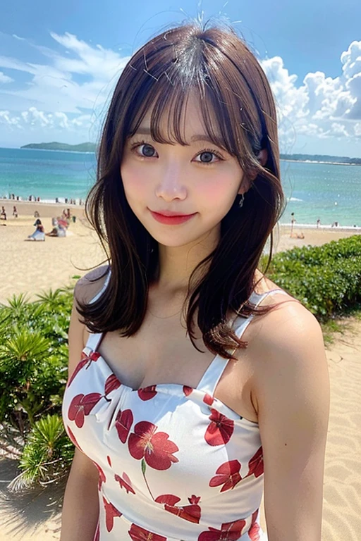 top-quality、超A high resolution、(photoRealstic:1.4)、red blush、cute little、(详细的脸)、A smile、Looking at the camera、Sunnyday、mare、(hibiscus)、nigh sky、Colossal tits、Emphasis on breasts、short-cut、Waving hands、Mole on the face、up of face、Dimples