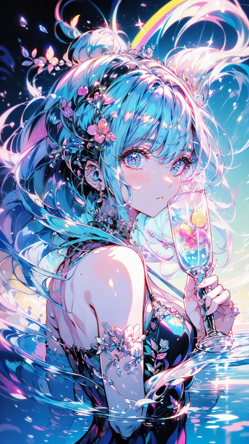 (medium),official art, beautiful and aesthetic:1.2),(1girl:1.3), (fractal art:1.3),upper body, from side, looking at viewer,patterns,(rainbow color Hair,colorful hair,half blue and half pink hair:1.2),water,liquid, cloud,colorful, starry,stars