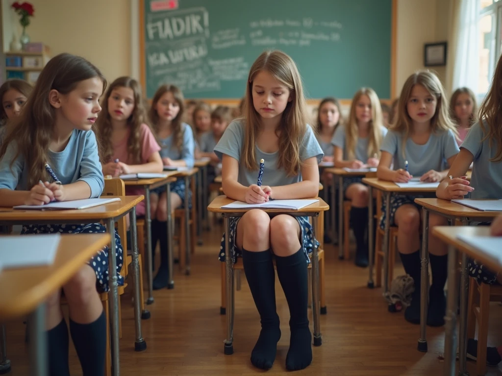 Raw photo , 1 girl  ,Wearing white frock and color tie, white shoes,  ((teen school girl studying on on in the classroom)), with plait, biggest breasts size , professional photographer, (hdr:1.4), masterpiece, ultra-realistic 8k, perfect artwork, intrincate details, cute face, award winning photograph, (Best quality, 8k, 32k, Masterpiece, UHD:1.3) , and legs must be showing fully 