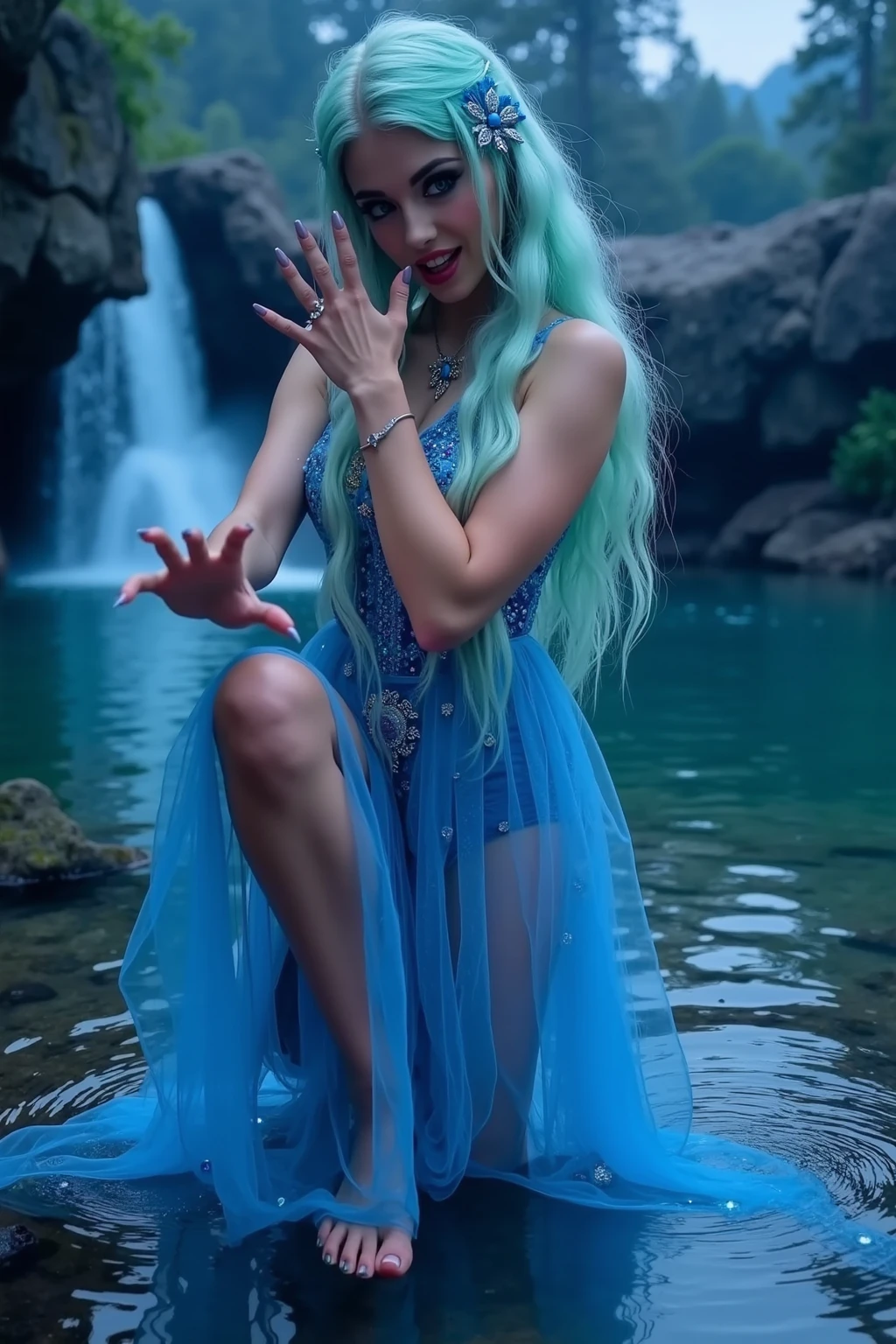 Cinematic photo of closeup portrait of water princess made of ice before blue waterfall on rainy day(full body), wearing ice crown and bright light blue body costume, skin made of ice, wet, rain, sorceress, casting powerful water magic, blue water and magical particles, water magic, magic splash, blue liquid, trend in Artstation, realistic soft skin, Canon EOS 7D, Canon EF 70-200mm f/2.8L IS, vibrant shot by the best camera, vibrant effects, beautiful image quality, focused, vibrant color, long hair, professional color gradation, vibrant focus, (((film grain, color photo, 8k))