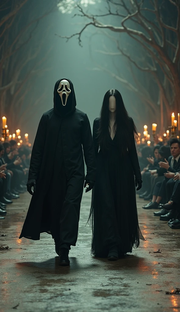 In a blood-splattered living room, three figures clad in the iconic black robes and white masks of the Ghostface killers emerge from the shadows, their menacing forms arranged in a chilling triangular formation. Each figure, representing a distinct identity from the Scream franchise, exudes an aura of terror and foreboding. While they share the same attire, their postures and knife grips subtly differ, hinting at their unique personalities and motivations. The scene is bathed in dramatic, high-contrast lighting, casting deep shadows that accentuate the figures' menacing presence. Rendered in a hyperrealistic style, the image captures the intricate details of the costumes, from the textured fabric of the robes to the weathered surfaces of the masks. The overall effect is a hauntingly surreal tableau that encapsulates the essence of the Ghostface legacy.