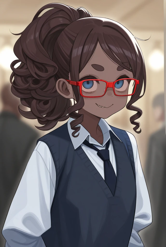 Little female hippo with nice big thighs and cute brown eyes and is wearing a school uniform with a mini skirt and full body glasses and is .
