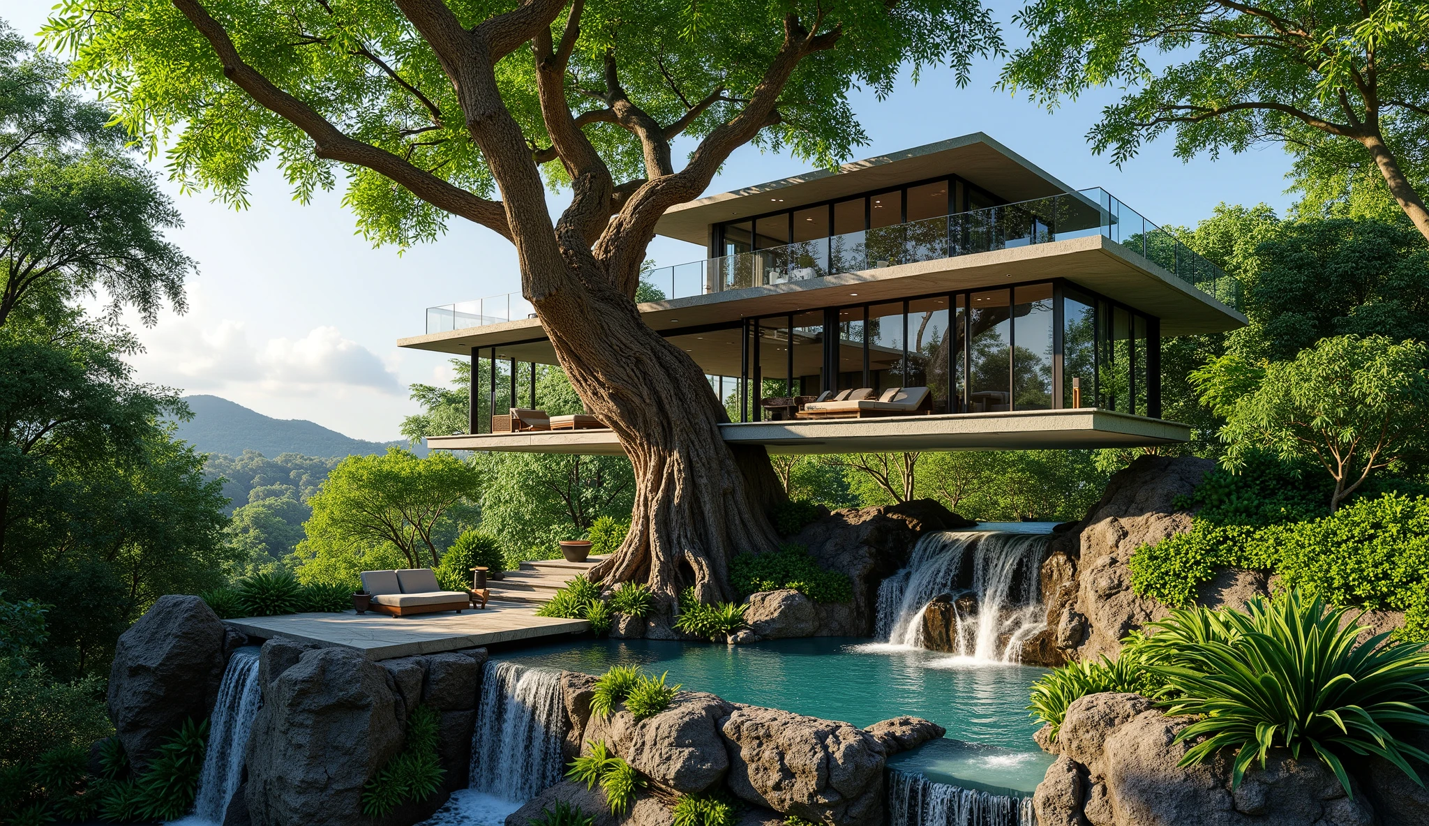 treehouse、Modern mansion standing on a huge tree、There's a gorgeous pool、a waterfall cascading down from natural bedrock、