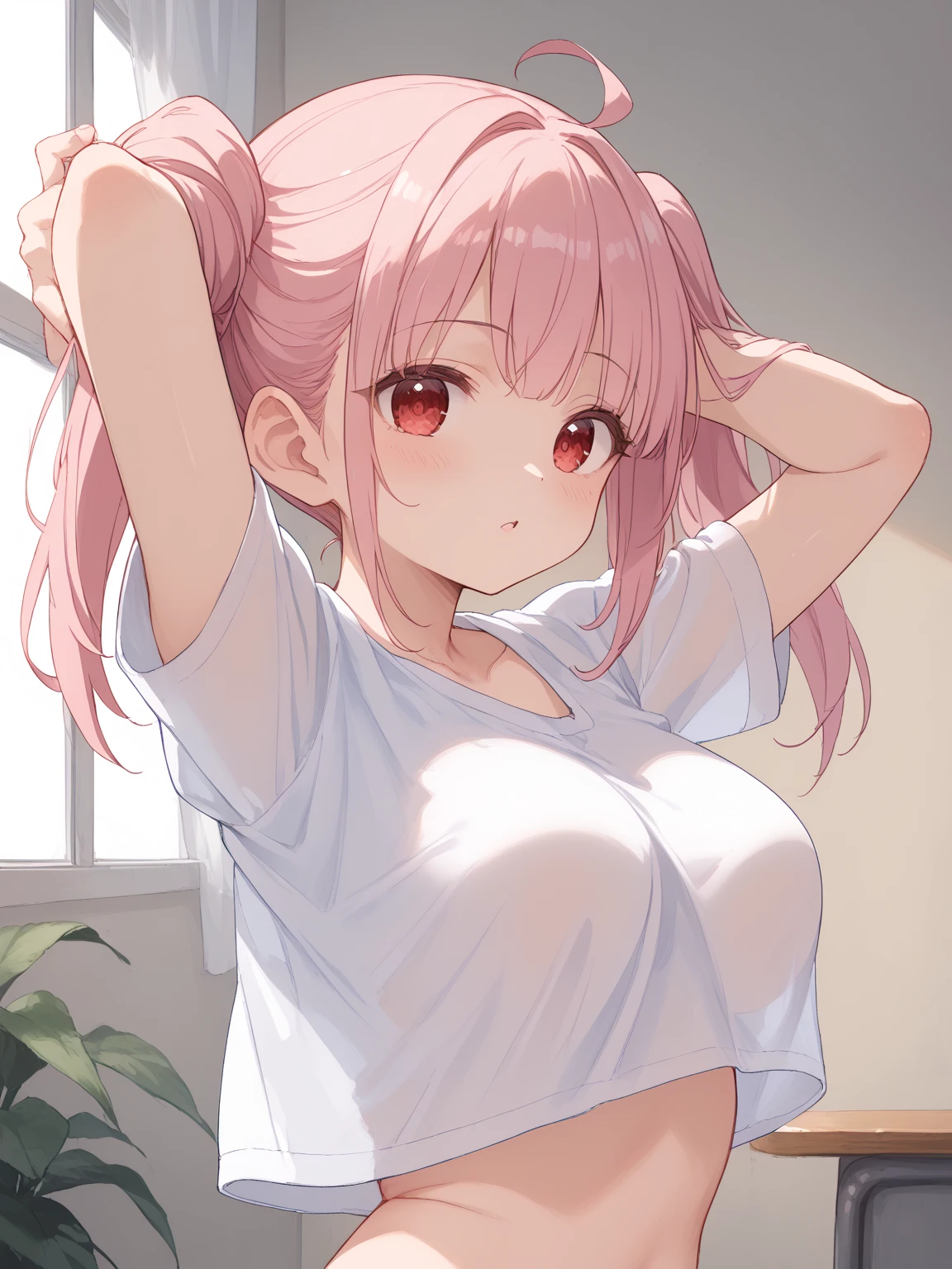 (masterpiece, highest quality, ultra high res, ultra detailed:1.3), 1 cute girl, pink medium hair, half twintail, small breast, black tank top, tank top covered nipples, red pleated mini skirt, white panties, love juice, (masturbating with her fingers:1.2), in cute room, 