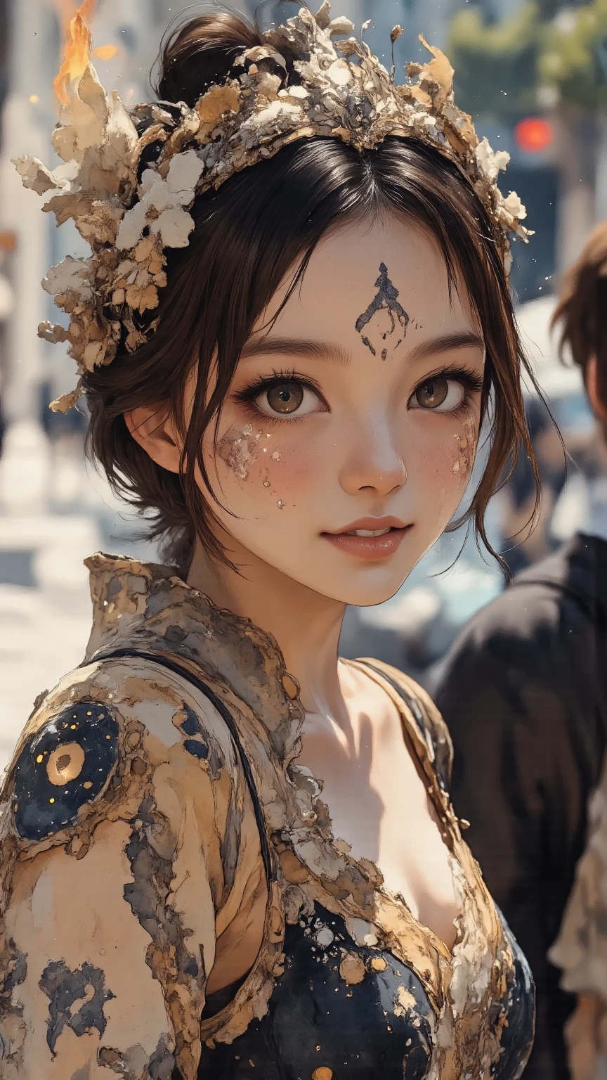 (((masterpiece))), (((best quality))), ((ultra-detailed)), (hyperrealistic), (highly detailed CG illustration), ((an extremely delicate and beautiful)),cinematic light, Create a stunning anime artwork that is currently trending on ArtStation, showcasing exquisite beauty and captivating aesthetics. The art piece should be highly detailed, featuring a compelling character and a visually appealing environment. The character in the artwork is a graceful and enchanting figure, radiating an aura of elegance. Pay close attention to intricate facial features, such as mesmerizing eyes with vibrant colors and delicate shading. The character's clothing should be designed with elaborate patterns, flowing fabrics, and rich textures, reflecting a blend of fantasy and contemporary fashion. Place the character in a captivating environment that enhances the overall appeal of the artwork. It could be a breathtaking natural landscape, a bustling futuristic cityscape, or a mystical realm filled with magical elements. Incorporate vibrant colors, dynamic lighting, and detailed background elements to create a sense of depth and immersion. Consider the latest trends in anime art, such as incorporating unique lighting effects, exploring creative composition techniques, or experimenting with unconventional color palettes. Take inspiration from the top artists on ArtStation and their exceptional execution of various art styles and themes. Camera: Choose an angle that highlights the character's beauty and the immersive environment. Lighting: Utilize atmospheric lighting techniques to create depth and mood. Resolution: Aim for a high-resolution artwork to showcase intricate details and clarity. Art Inspirations: Seek inspiration from the trending artists on ArtStation, exploring different styles, genres, and themes.