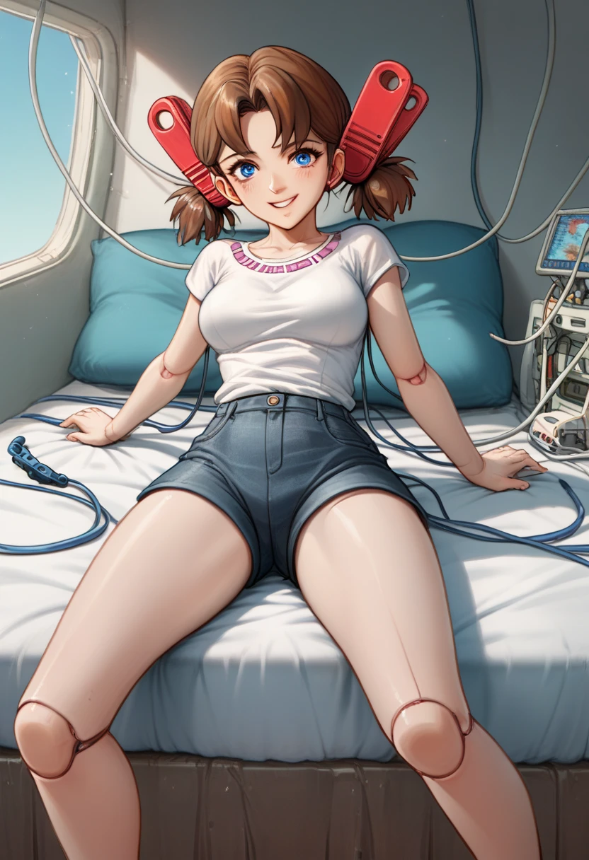 A Female robot is sleeping in a fridge, spread legs, nude, banzai pose. she wears no dress. She Brown short hair is tied with two big red clothespins, She lifts up the under hem of her white plain dress, leaning over, masterpiece, very short pigtails,brown hair, mature, android, blue eyes, full body figure, Height: 160cm, flushed cheeks, 2020s anime picture, A beautiful robot with short brown hair in two short pigtails held up by two very large huge red clothespins, Uplifting, No NSFW, whole body, barefoot, archaic smile, getting orgasm, 25 years old, sweat bucket. robot skin. Her vagina is inserted.
