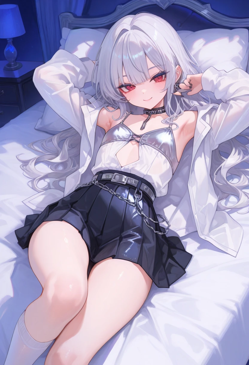 Silver-haired, Little loli with red eyes lying barefoot on bed,showing your whole body,Wear leaky navel pajamas and miniskirts,,She lifted her pajamas with one hand to show her bra,With one hand lifted the nightdress to expose the panties,She looked shy,hightquality,ultra - details