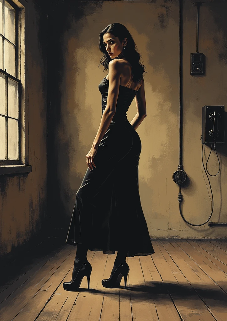 a black leather dress posing in a living room, tracer in a skintight( black curly long hair), photorealistic perfect body, elegant posed, sexy dominant pose, captivating and enticing, 8 k sensual lighting, elegant seducing pose,(smal breasts), stunning elegant pose, photorealistic full body, sensual pose, very sexy pose, pinup body, dominant pose, sexy hot body(back view),(Red lipstick, freckles))