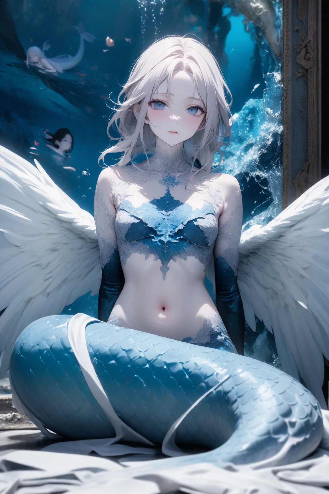 White dress, rooftop, 1girl, nose blush, 1 Screen View, low angle, illustration, Fantasy Art, 8K, highest quality, Beautiful expression, girl sitting, Shiny natural skin texture, cheerful, Cute face, naughty smile, fluffy bob cut, hair ribbon, (Wings are growing:1.5), (nsfw:1.1), (masterpiece:1.2), (see through:1.1), (puffynipple:1.1), (Light-pigmented nipple:1.3), (small breasts:1.1), (sky blue hair:1.4), (flower hair ornament:0.8), (No underwear:1.2)