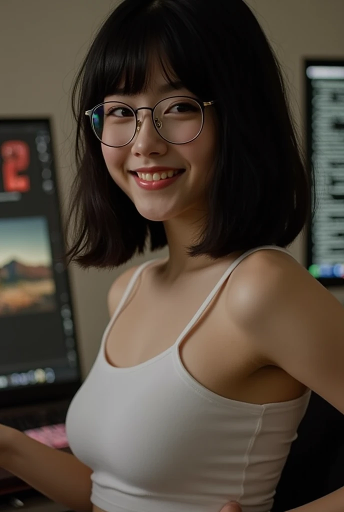 ((best quality)), ((Masterpiece)), (4k details), realistically, Whole body, (((asian woman))), braid hairstyle, Cameraman, nude, red lips, smile showing teeth , (((The real organ is not distorted.))) Wear glasses