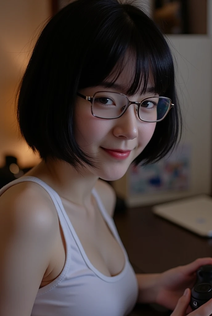 (((Sex))), (((vagina))), One Girl, One Man、(((ペニスがvagina内に))), Long Hair, No fixes, Voice of the Heart, Feeling Face, blush、Composition from the front、Black Hair、(((Sweat)))、(((Staring straight ahead)))、(((smile)))、One Face、Very cute face like the most famous Japanese idol, (((Very beautiful big eyes like a famous Japanese idol)))、(((Lie in)))、(((Completely naked)))、(((Normal location)))、(((The man above)))、Spread your legs, Please put your feet up、Bright colors、girl riding on top of man、Small breasts、(((Glasses)))